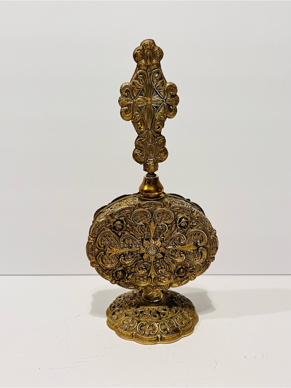 Midcentury French Ornate Filigree Gold Decorative Perfume Bottle 7.5”